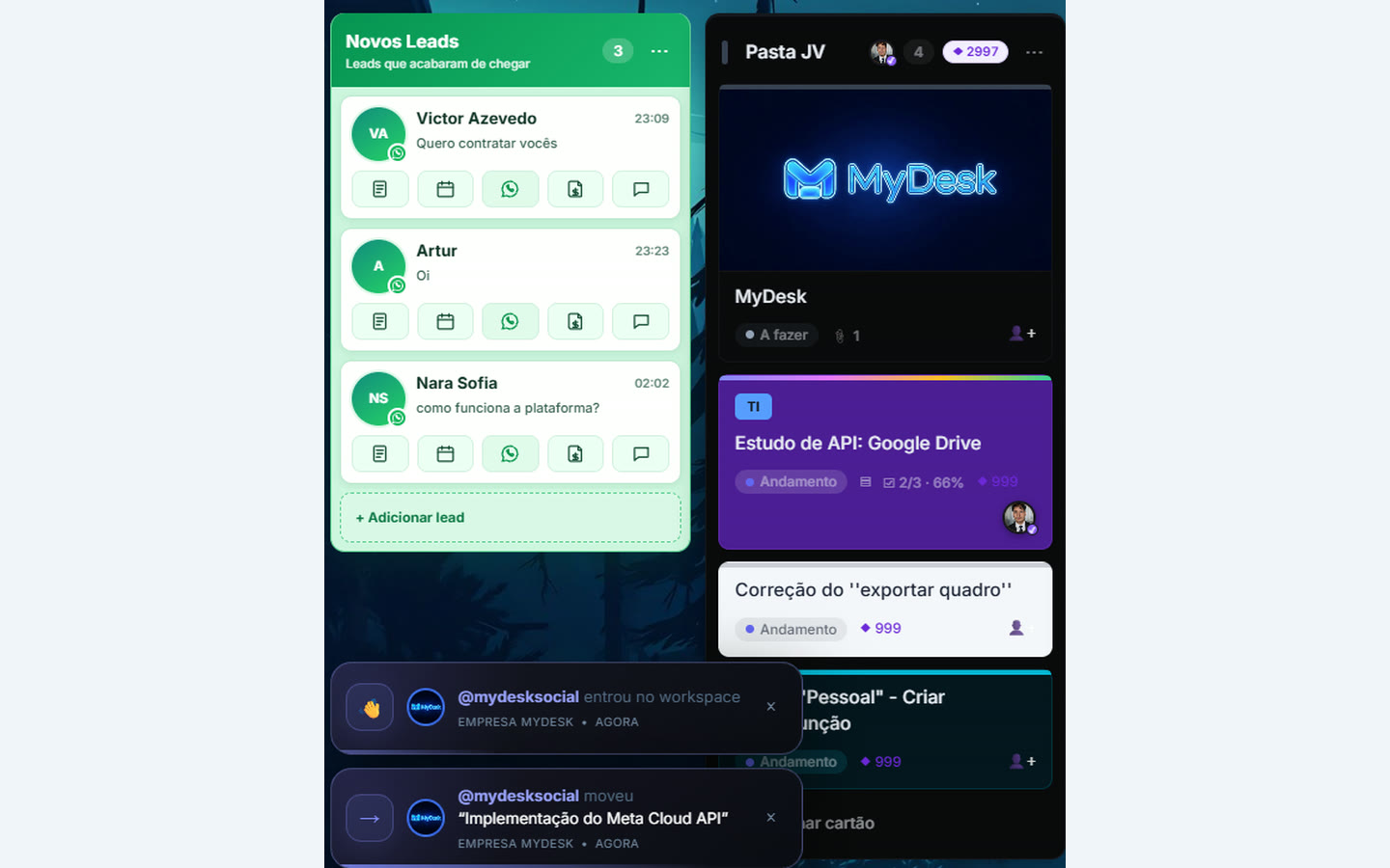 Avisos de atividade do workspace, com autor e horário