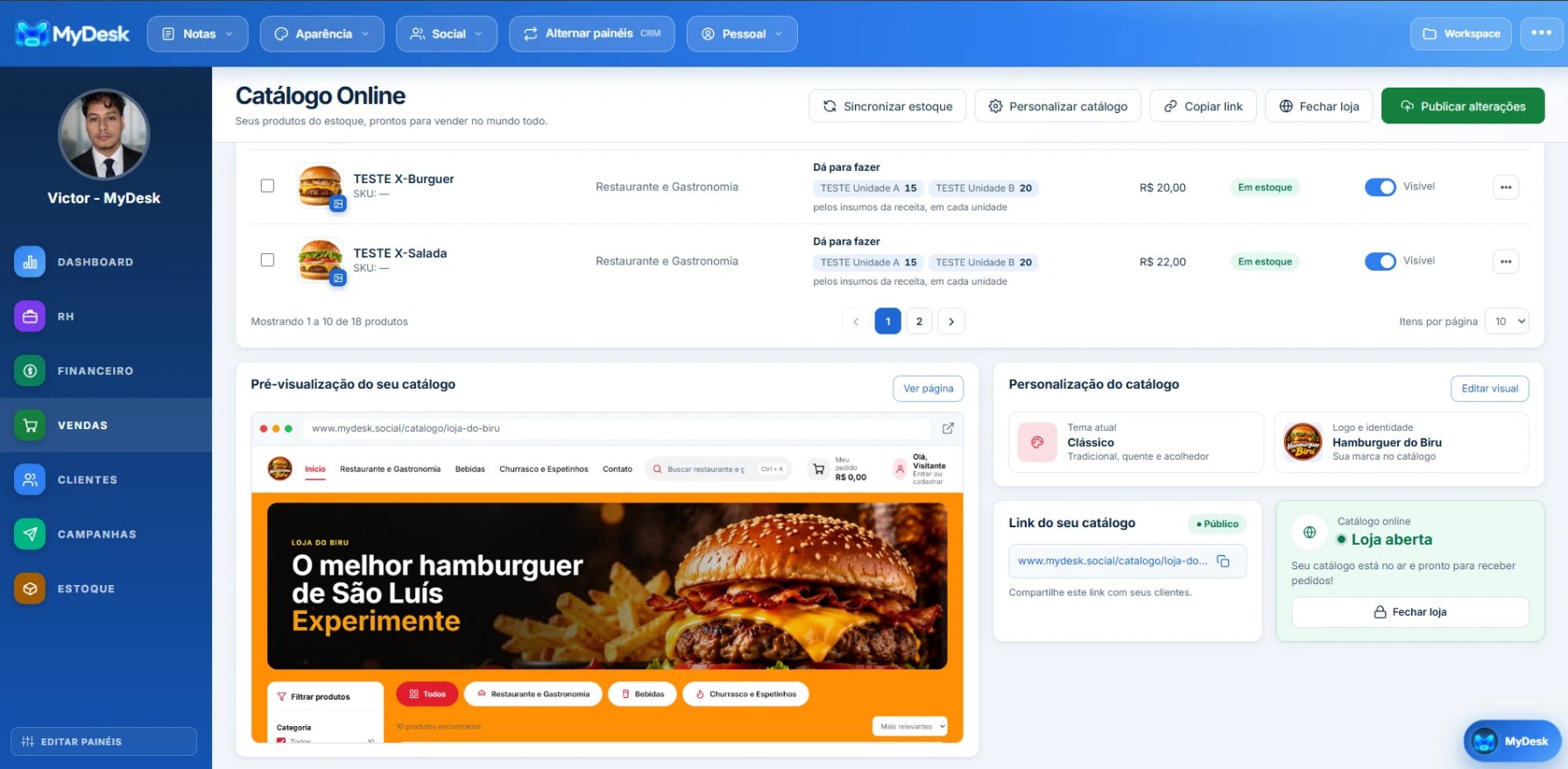Catálogo online do Painel de Vendas do MyDesk, com os produtos do estoque e a prévia da loja