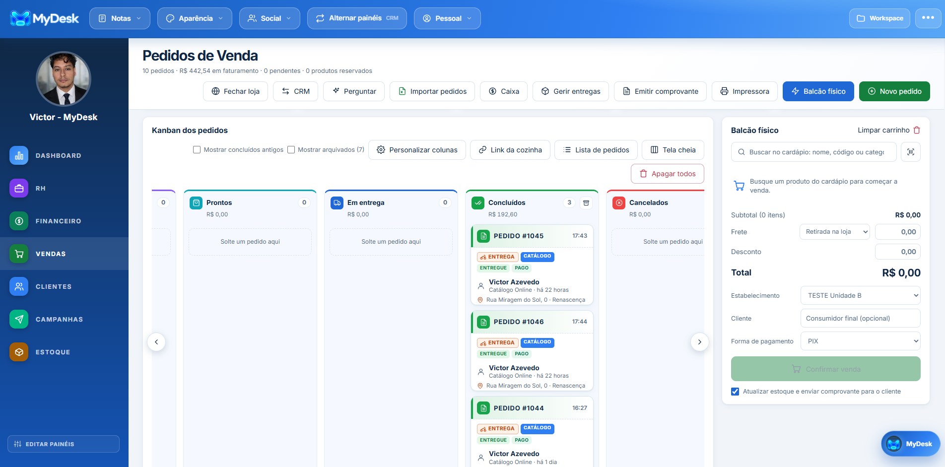 Kanban dos pedidos de venda com o balcão físico ao lado
